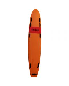 Top of the 12' Hawaiian Rescue Board in Orange with RESCUE Text in Black with Red Background with Black Handles