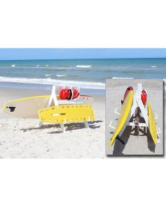 White Recycled Plastic Rescue Equipment Caddy In Use With White and Yellow Backboards and Red Rescue Can On The Beach
